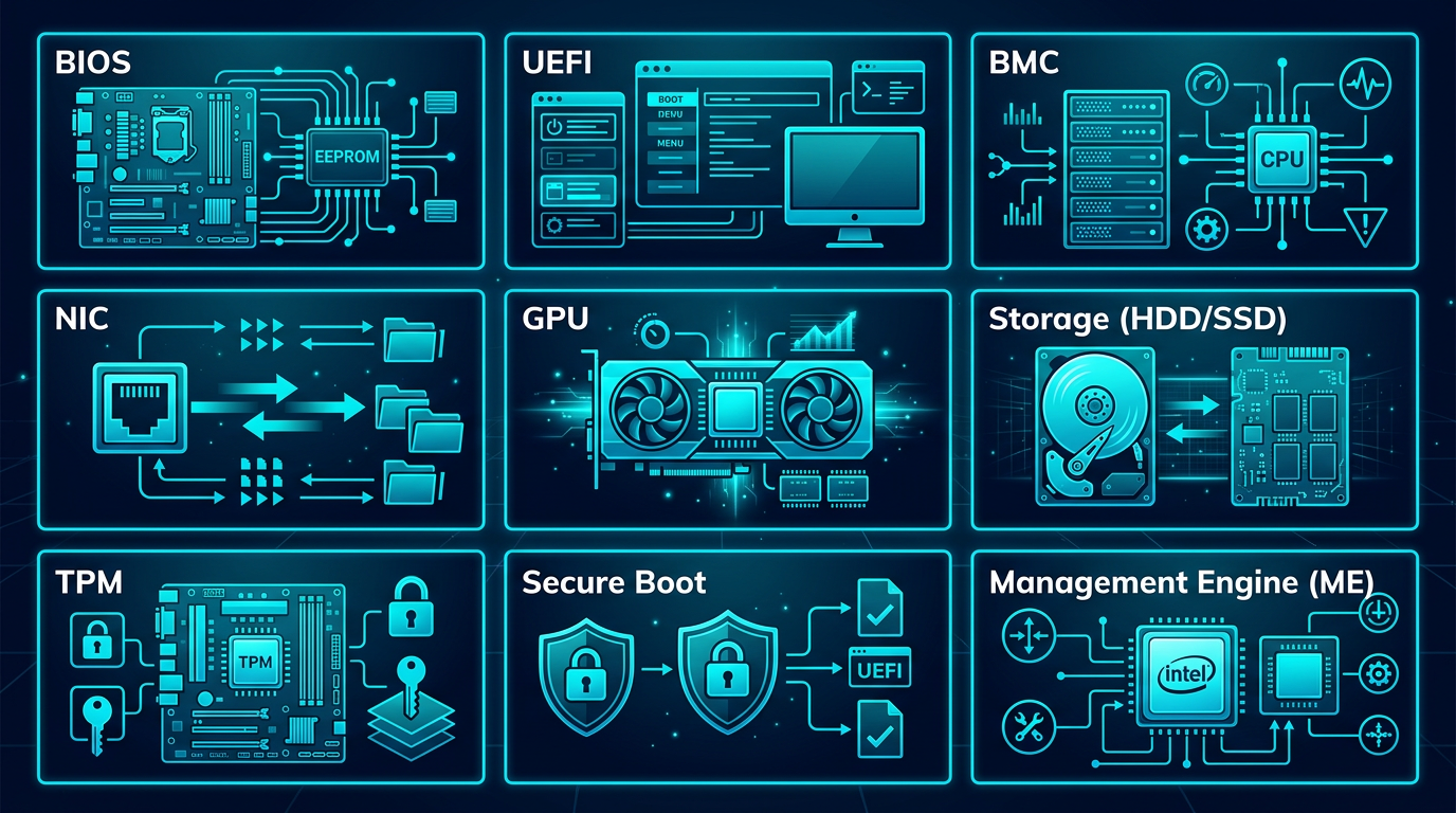 A firmware attack surface chart with UEFI, BMC, NIC, drive controller, TPM, GPU categories, dark navy background, cyan and red bars.