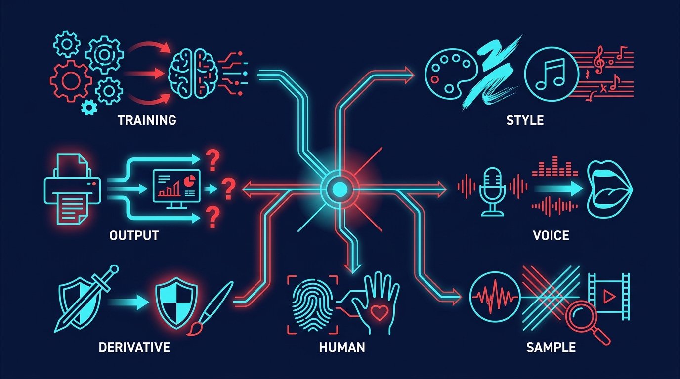 An AI music royalties flow chart with platforms, labels, publishers, songwriters, artists, training data, output similarity, mechanical rights, dark navy background, cyan and orange.
