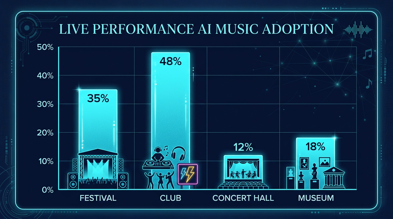 An AI live performance chart with holographic shows, AI DJs, AI avatar artists as the three trends, dark navy background, cyan and warm amber.