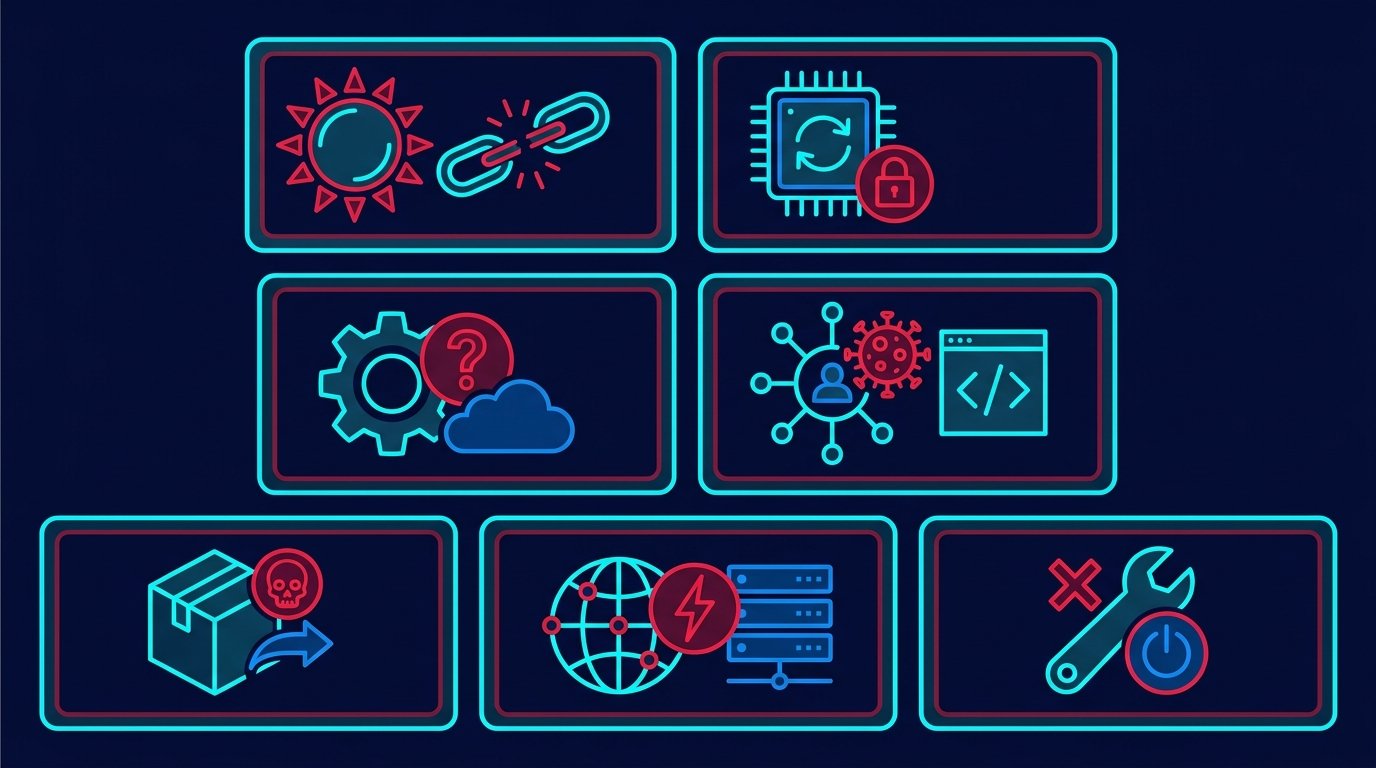 A supply chain attack defense chart with dependency layer, build pipeline layer, maintainer layer, SBOM, reproducible builds, egress controls, dark navy background, cyan and red bars.