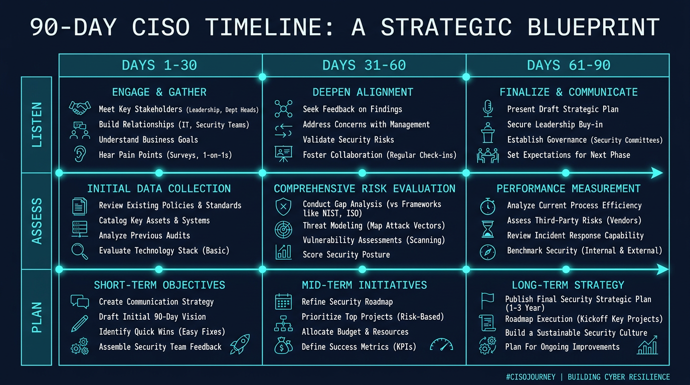 A CISO first 90 days timeline chart with days 1 to 30 listening, days 31 to 60 assessing, days 61 to 90 planning as the three phases, dark navy background, cyan and warm amber.