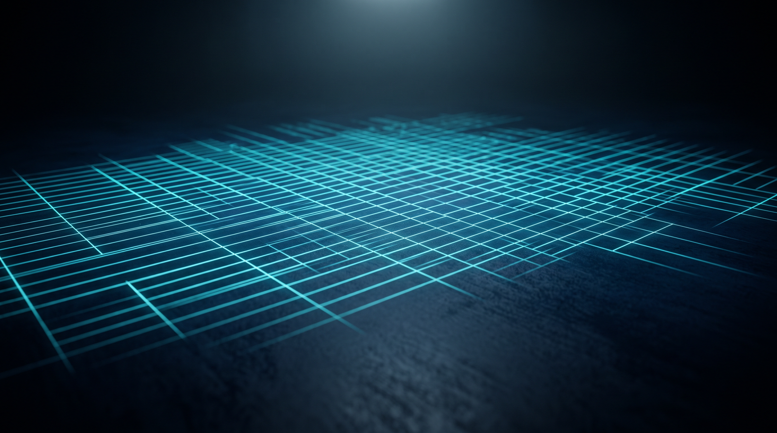 Abstract database table as glowing cyan rows and columns on a dark navy surface, dramatic chiaroscuro lighting from above.