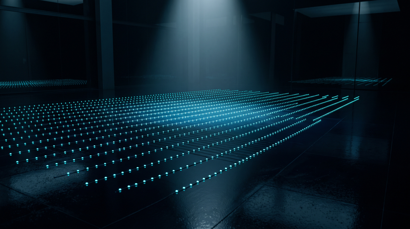 Abstract identity grid as glowing cyan nodes arranged in rows on a dark navy reflective surface, dramatic chiaroscuro lighting from above.