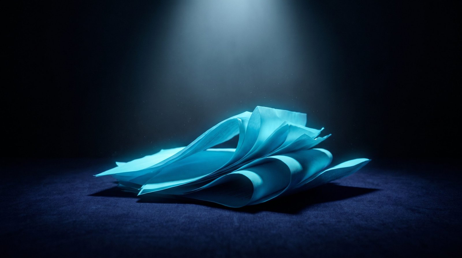 Abstract lawsuit wave as glowing cyan stacked legal documents on a dark navy surface, dramatic chiaroscuro lighting from above.