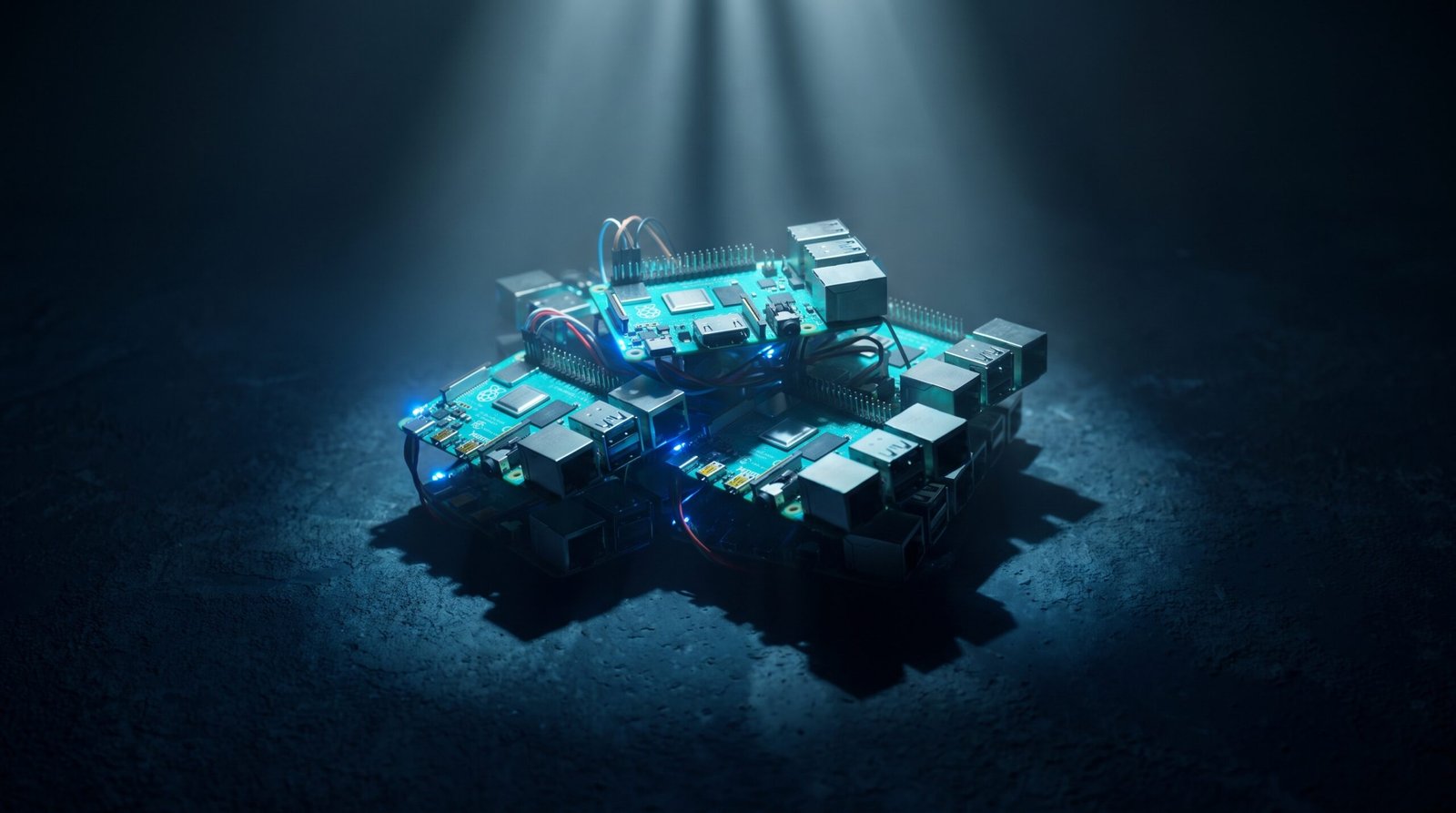 Abstract Raspberry Pi cluster as glowing cyan stacked boards on a dark navy surface, dramatic chiaroscuro lighting from above.