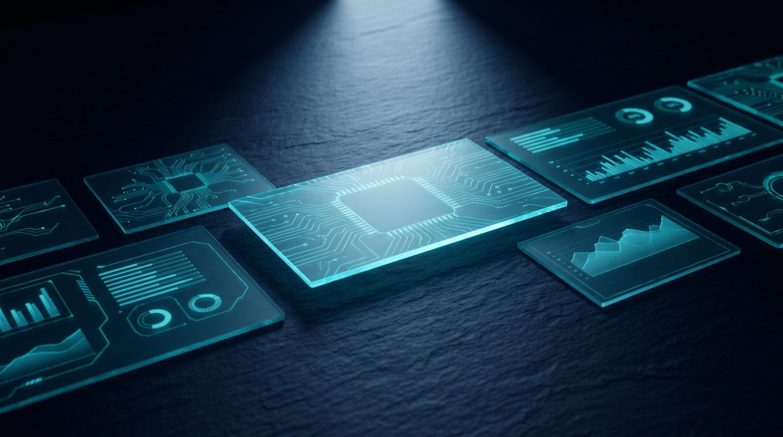Abstract CISO board deck as glowing cyan presentation slides on a dark navy surface, dramatic chiaroscuro lighting from above.