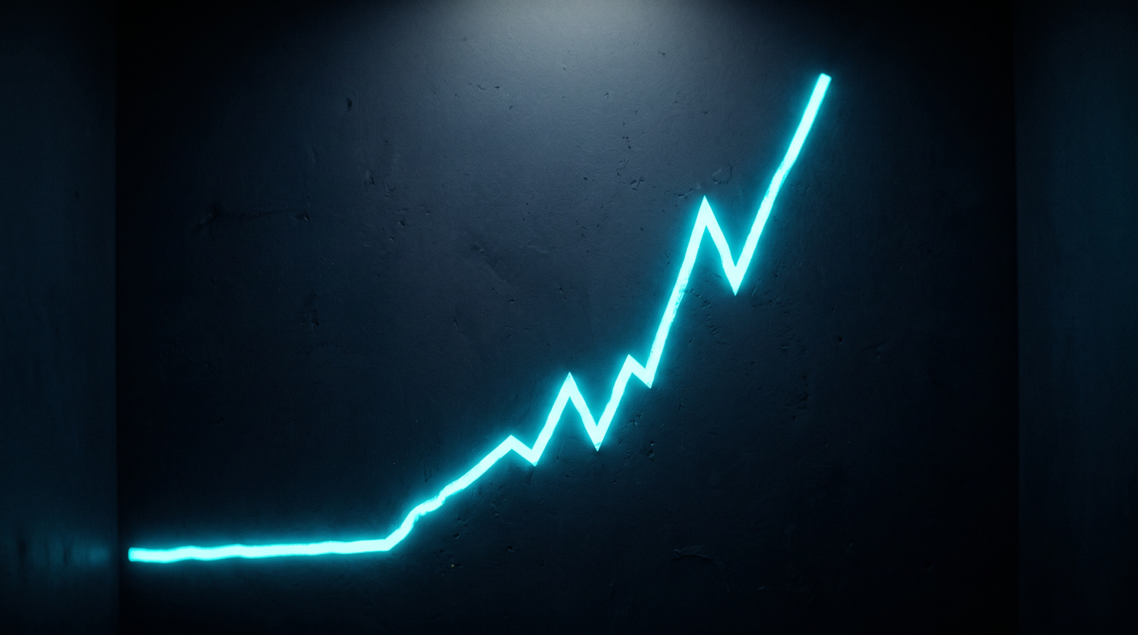 Abstract phishing trend as a glowing cyan line graph rising sharply on a dark navy surface, dramatic chiaroscuro lighting from above.