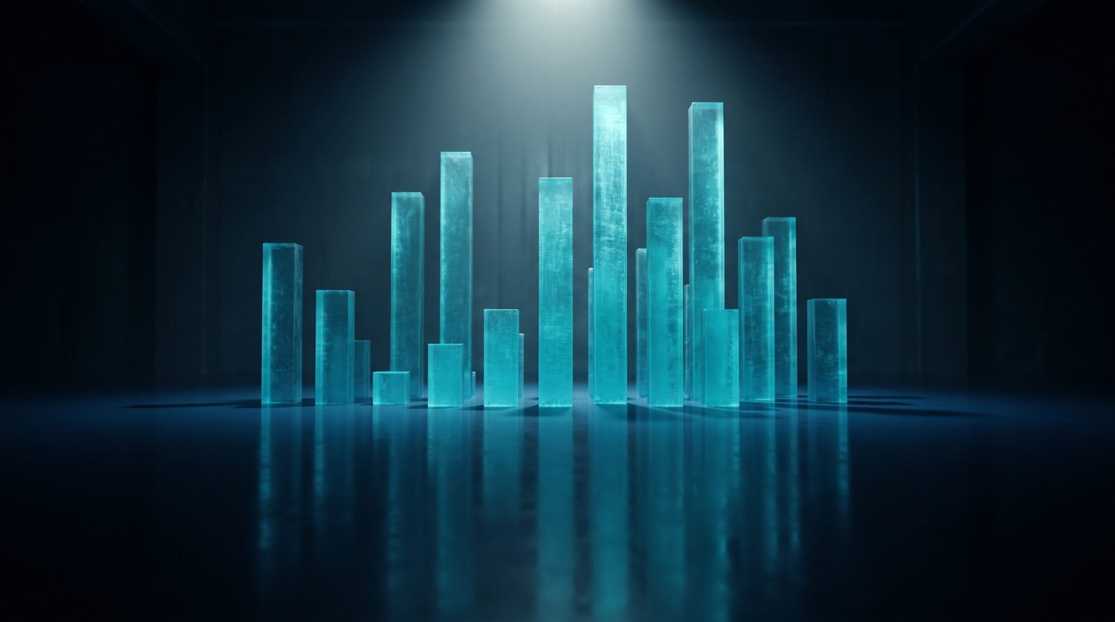 Abstract data visualisation of false positive rates as glowing cyan columns of varying heights on a dark navy reflective surface.