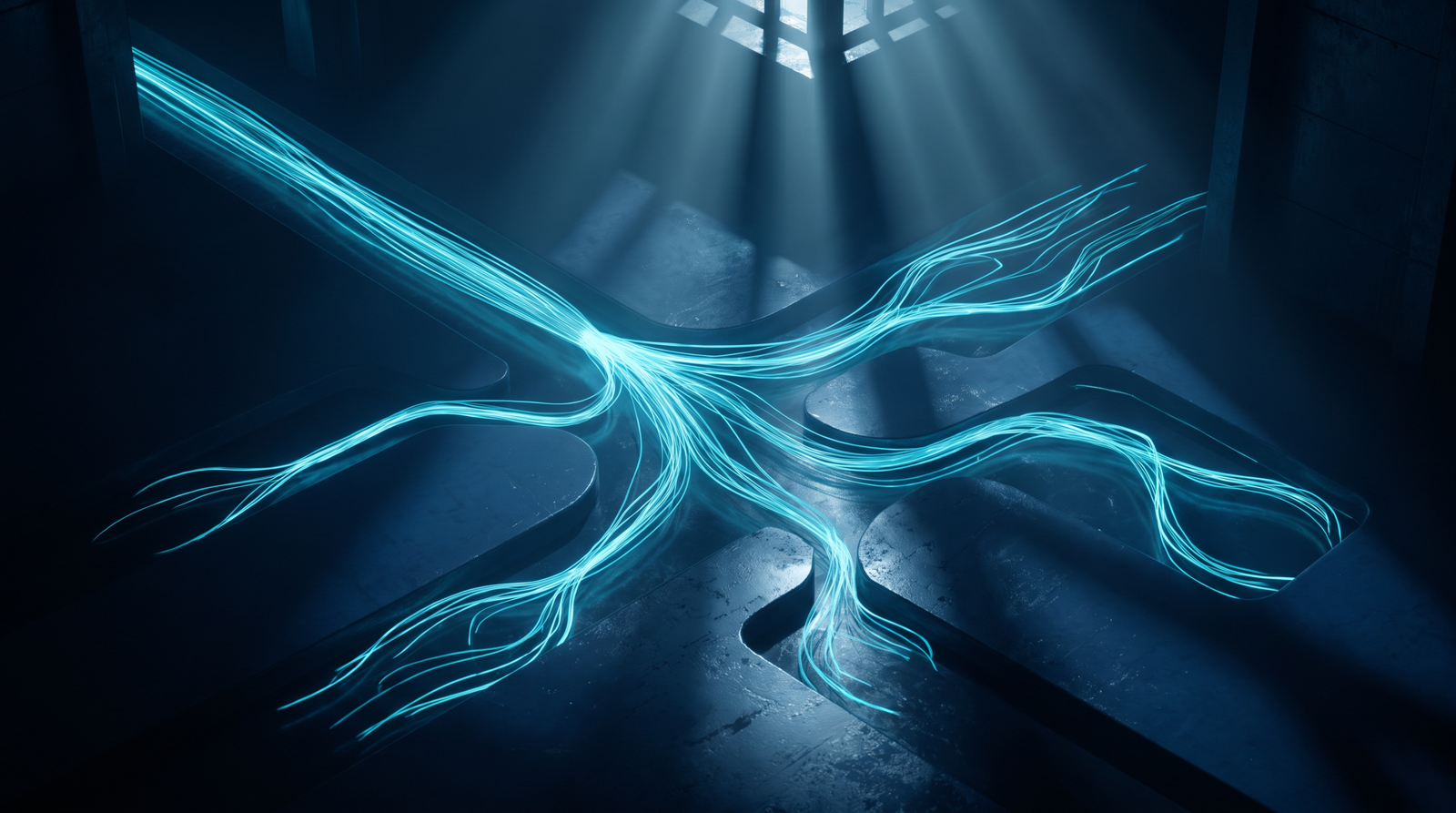 Abstract funding flow as glowing cyan streams from a single source to multiple destinations on a dark navy surface, dramatic chiaroscuro lighting from above.