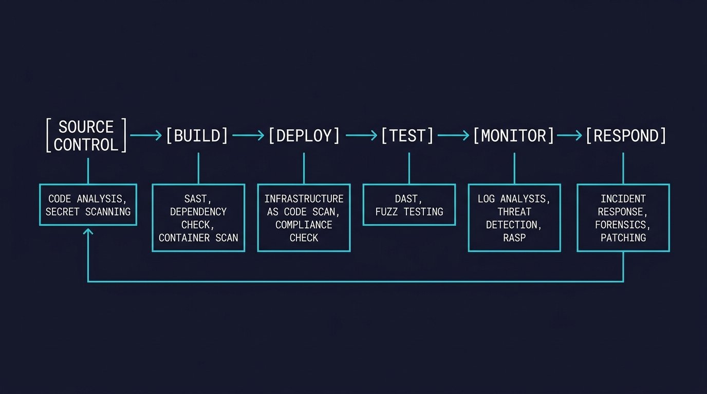 Editorial diagram of a DevSecOps pipeline with security gates inserted at each stage, dark navy with cyan flow lines.