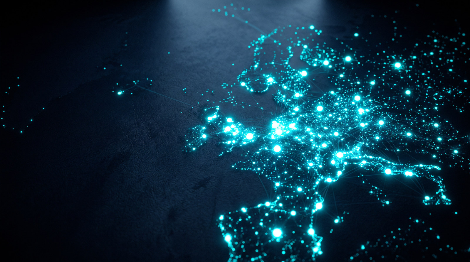 Abstract vendor risk as glowing cyan dots of varying brightness on a dark navy surface, dramatic chiaroscuro lighting from above.