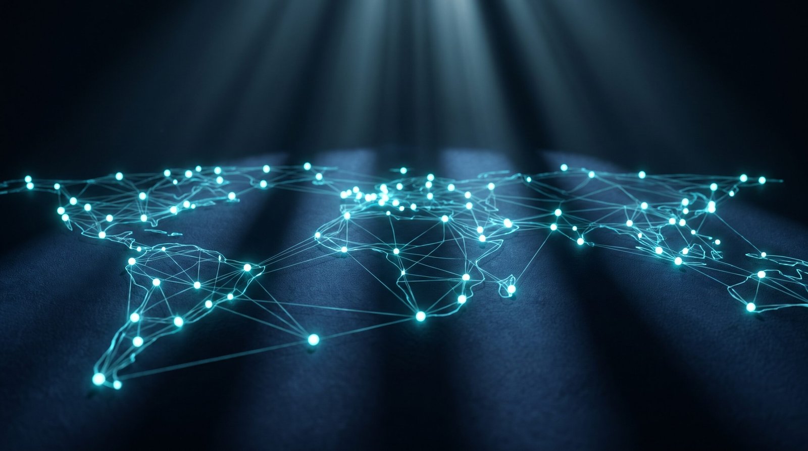 Abstract identity graph as glowing cyan nodes connected by thin lines on a dark navy surface, dramatic chiaroscuro lighting from above.