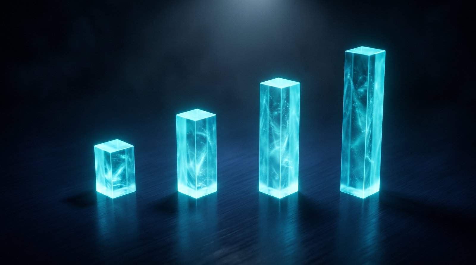 Abstract price tiers as glowing cyan columns of varying heights on a dark navy surface, dramatic chiaroscuro lighting from above.