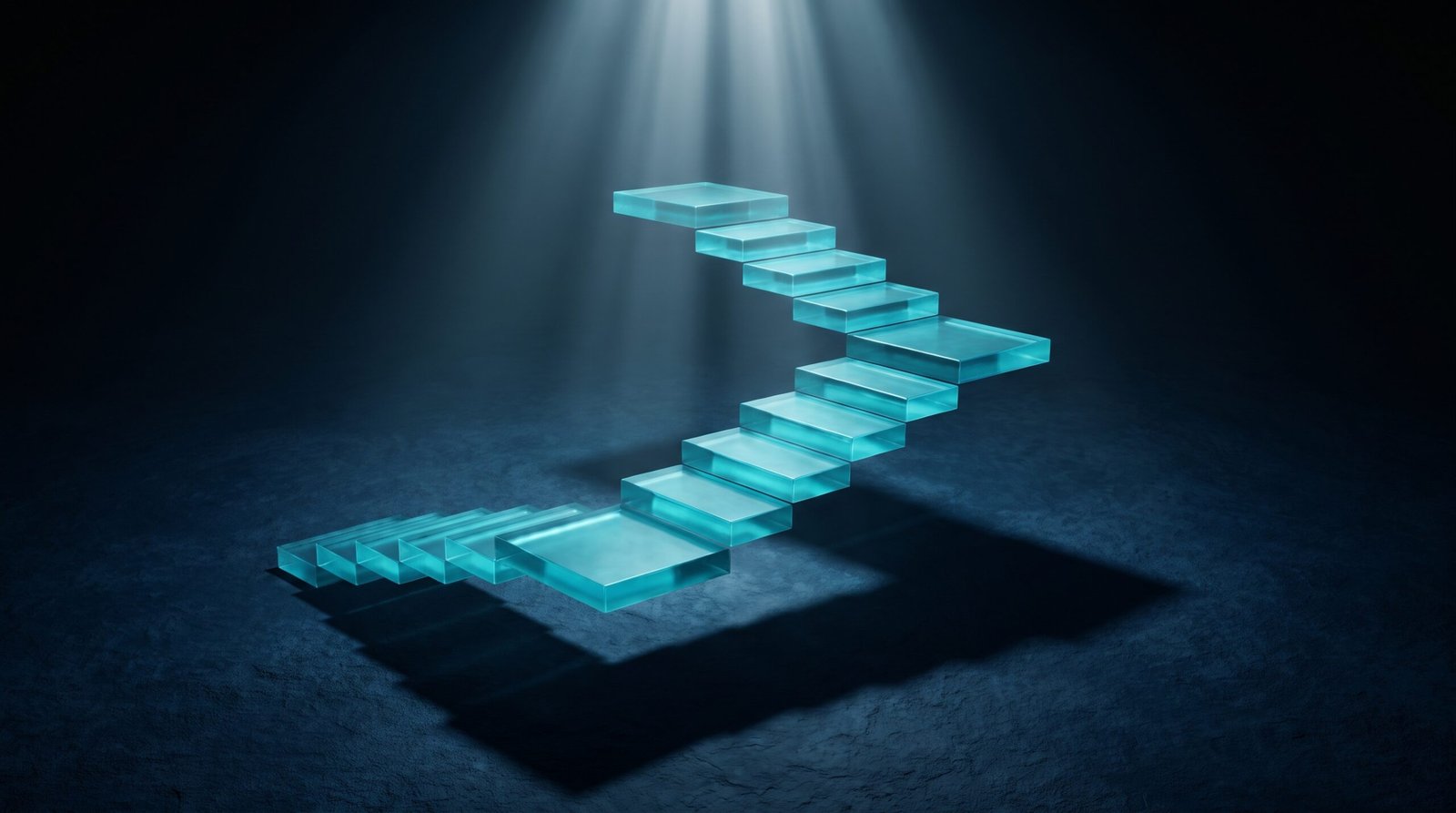 Abstract negotiation timeline as glowing cyan steps rising on a dark navy surface, dramatic chiaroscuro lighting from above.