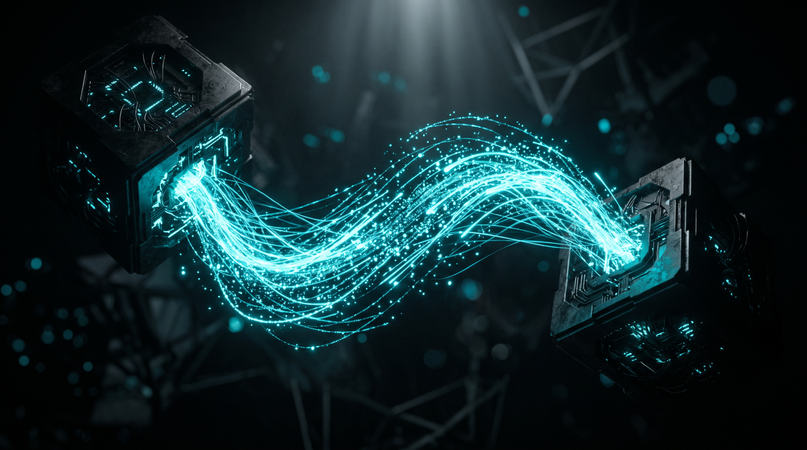 Abstract data transfer as glowing cyan flowing streams between two dark nodes, dramatic chiaroscuro lighting from above.