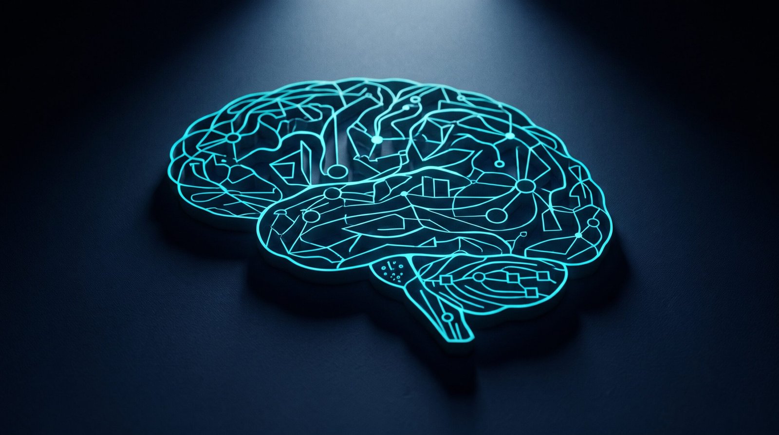 Abstract AI policy framework as glowing cyan structured diagram on a dark navy surface, dramatic chiaroscuro lighting from above.