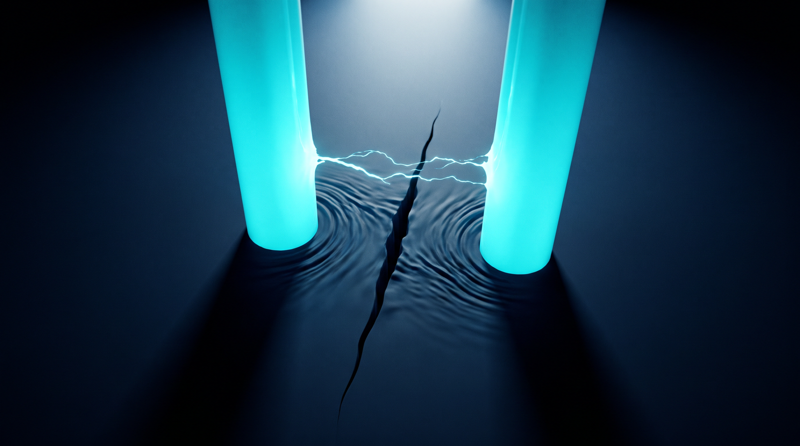 Abstract tension visualisation as two glowing cyan columns pulling against each other on a dark navy surface, dramatic chiaroscuro lighting from above.