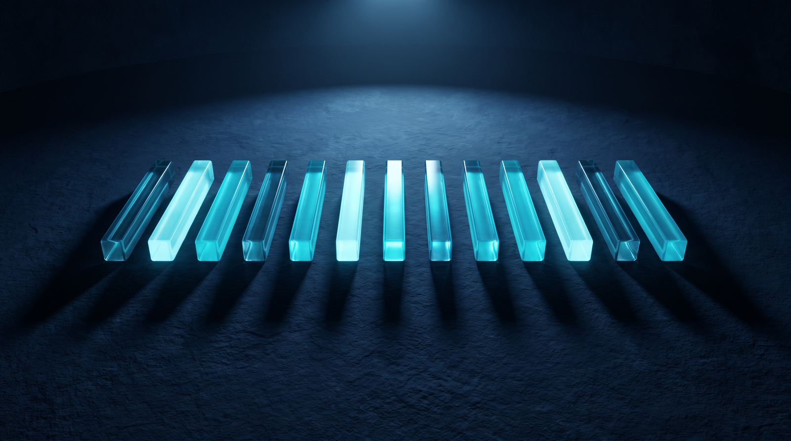 Abstract password strength meter as glowing cyan bars of varying intensity on a dark navy surface, dramatic chiaroscuro lighting from above.
