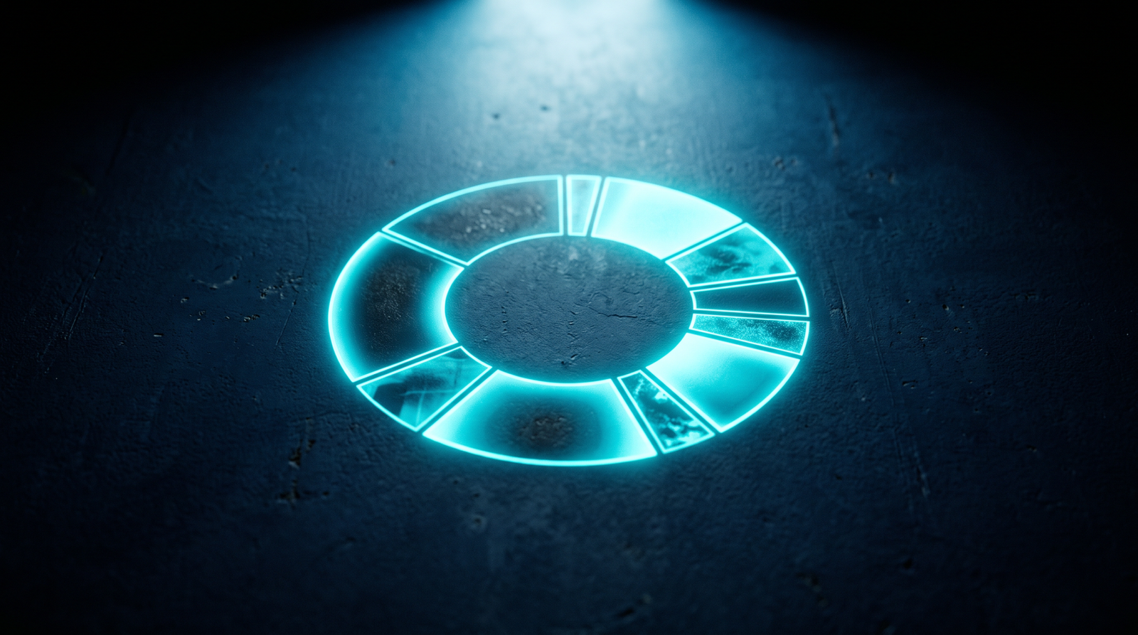 Abstract budget allocation as a glowing cyan pie chart on a dark navy surface, dramatic chiaroscuro lighting from above.