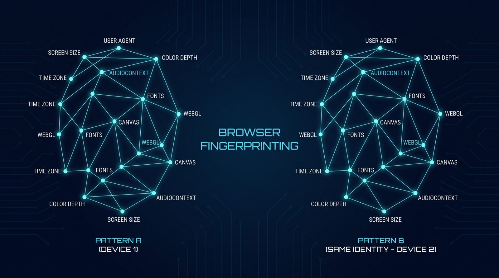 Two browser fingerprint visualizations shown side by side as constellations of labeled data points, recognizably the same identity across two visits.