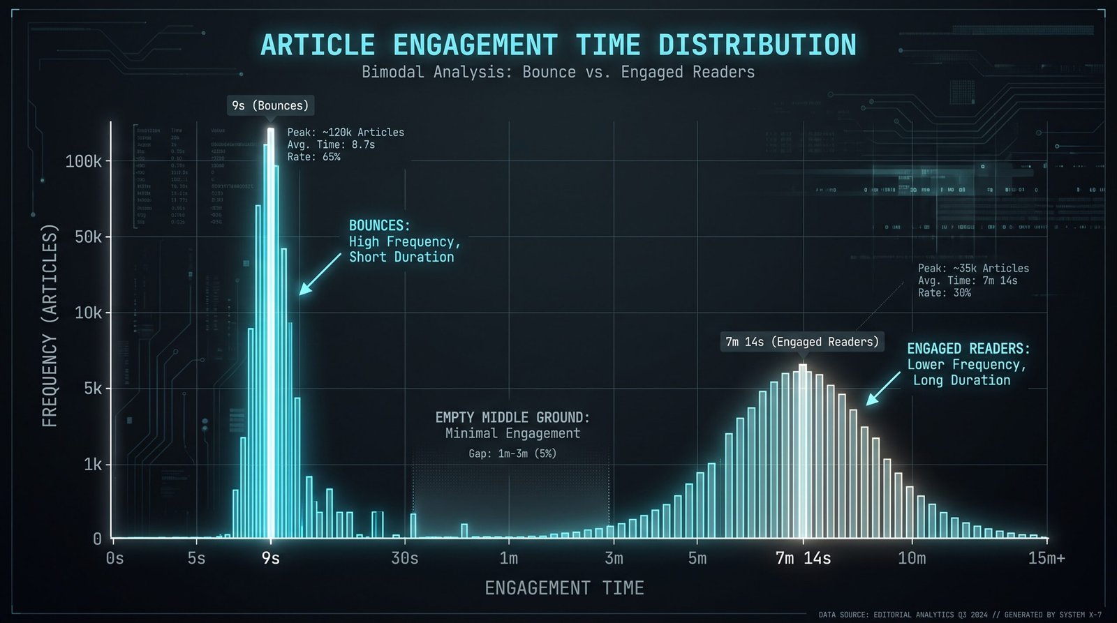 Horizontal histogram showing the bimodal distribution of article engagement time, with a tall thin spike at around nine seconds and a wider secondary cluster around seven minutes.