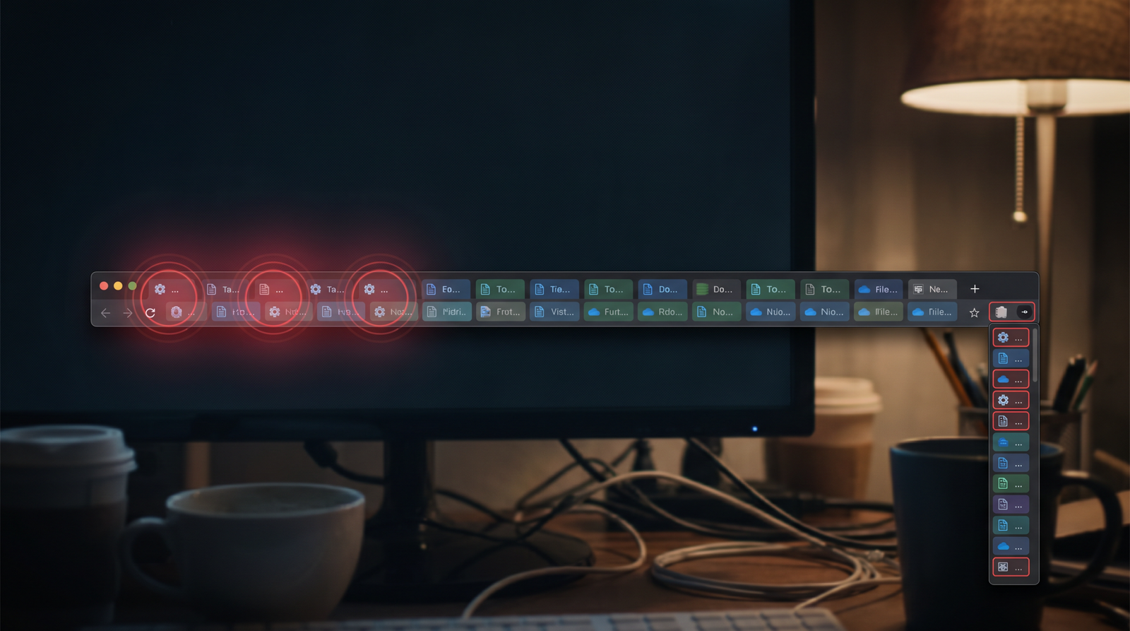A browser tab bar on a dark background showing 47 tabs open, each with a slightly different favicon and label, several tabs glow with subtle red rings suggesting suspicious origins, the tab bar is overflowing into a dropdown menu.