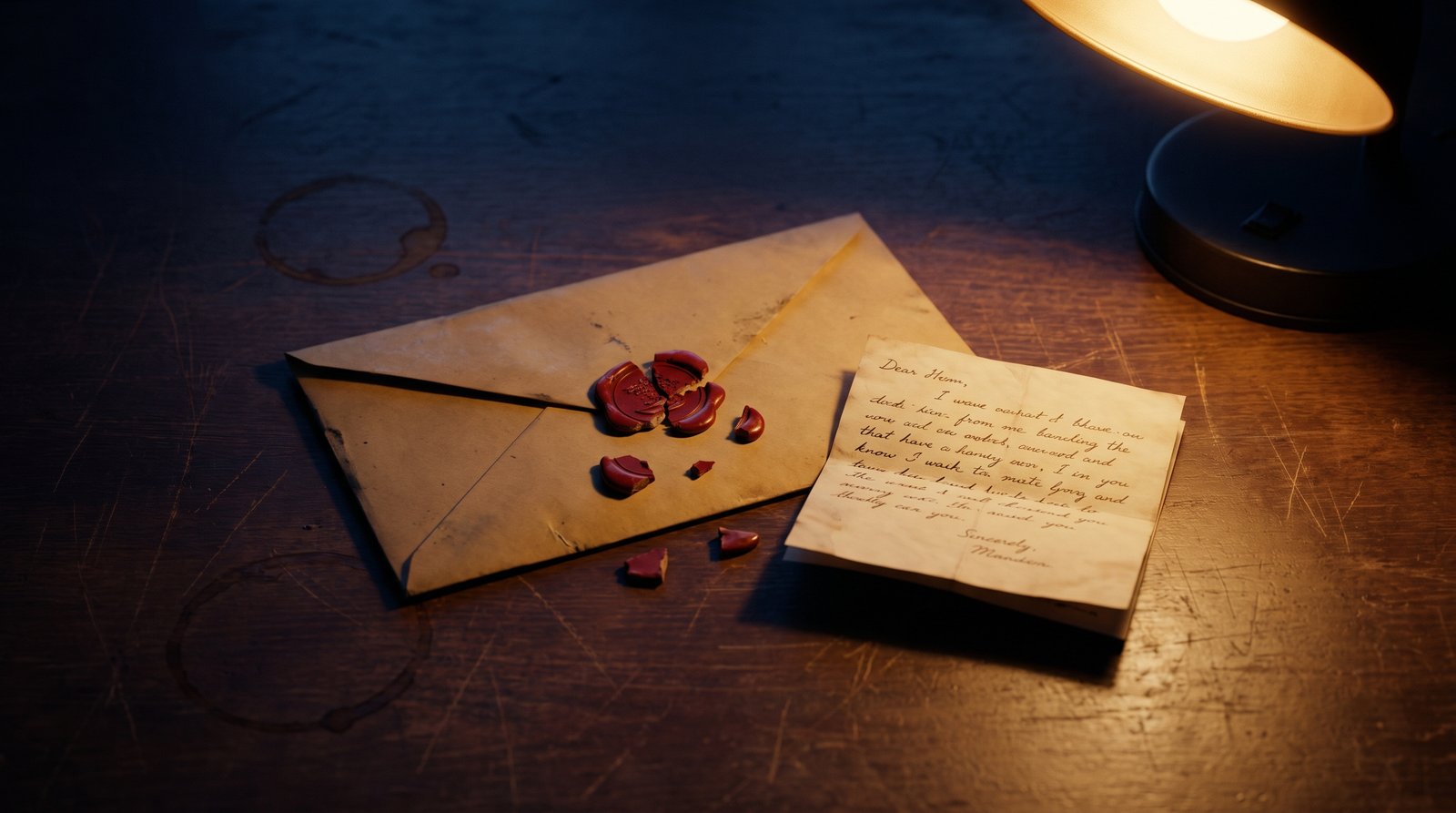 A single sealed envelope on a wooden desk with a broken red wax seal, a small handwritten note beside it