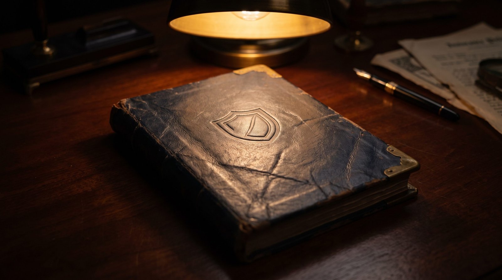 A leather-bound insurance policy book on a desk with brass corner protectors, single warm light