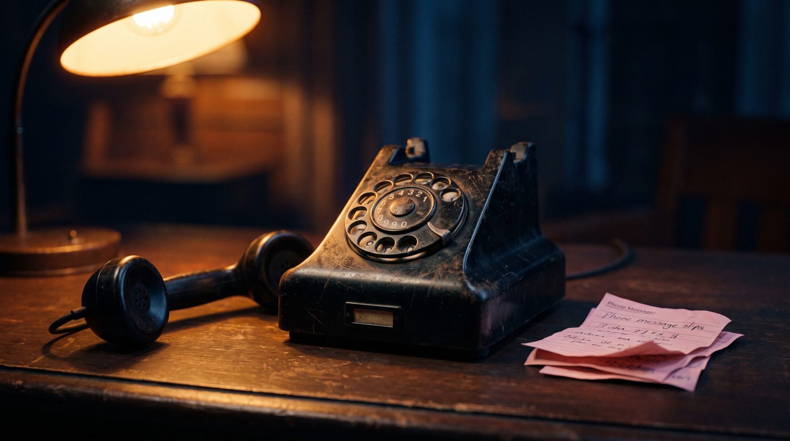 A vintage desk phone on a wooden desk, receiver off the hook, with a stack of missed call slips