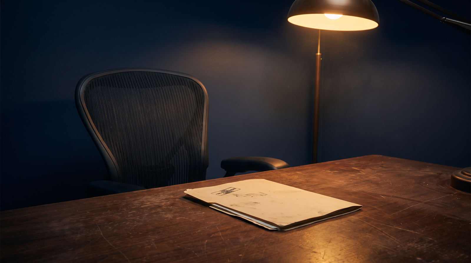 An empty ergonomic office chair behind a desk with a single POSITION CLOSED manila folder