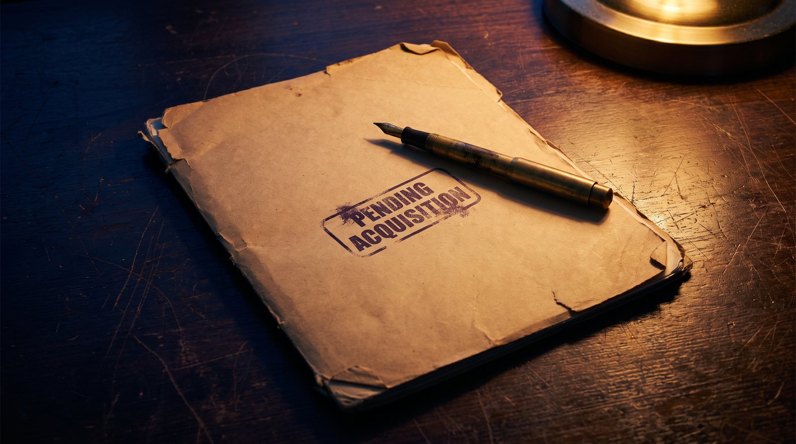 A worn manila folder on a wooden desk with a PENDING ACQUISITION stamp, a pen across it