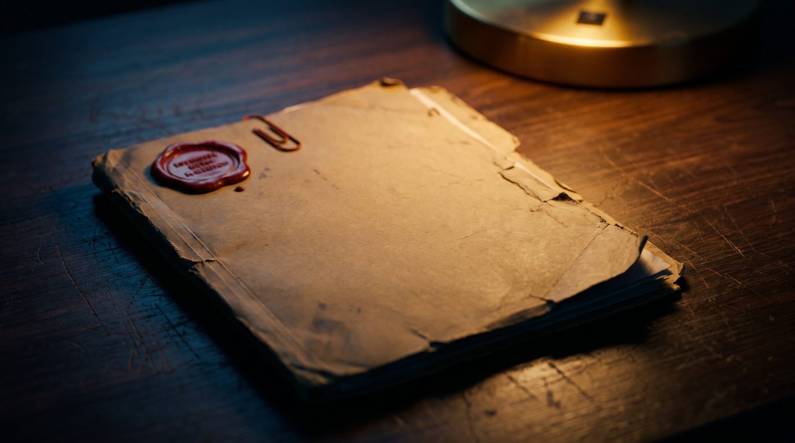 A worn manila file folder on a wooden desk with a red wax SEIZED stamp, warm tungsten lamp