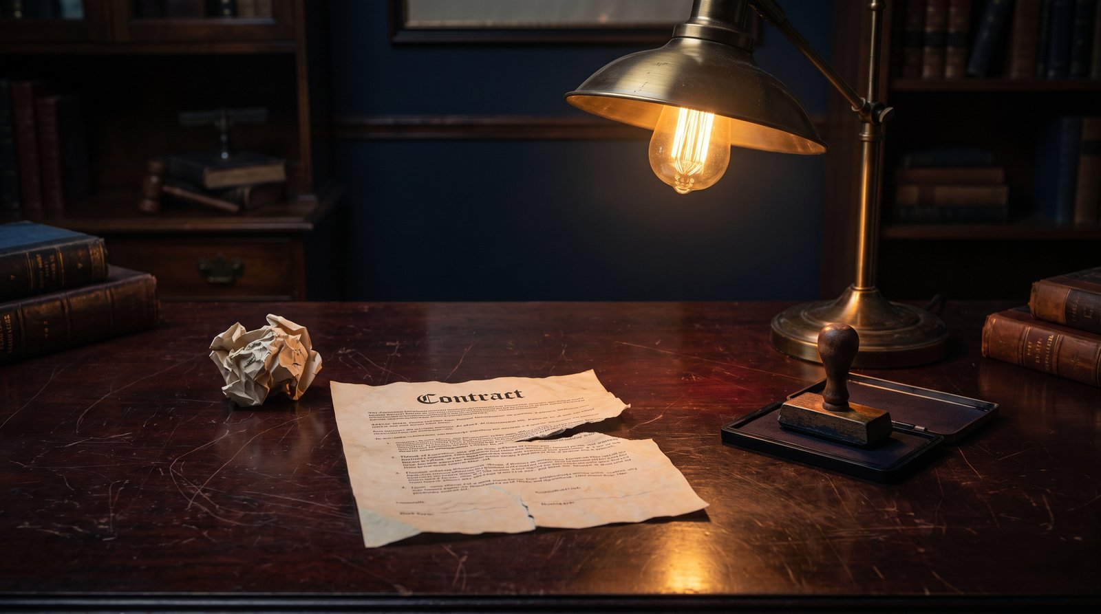 A single torn legal contract on a dark wood lawyer desk, one page crumpled, brass desk lamp casting long shadows