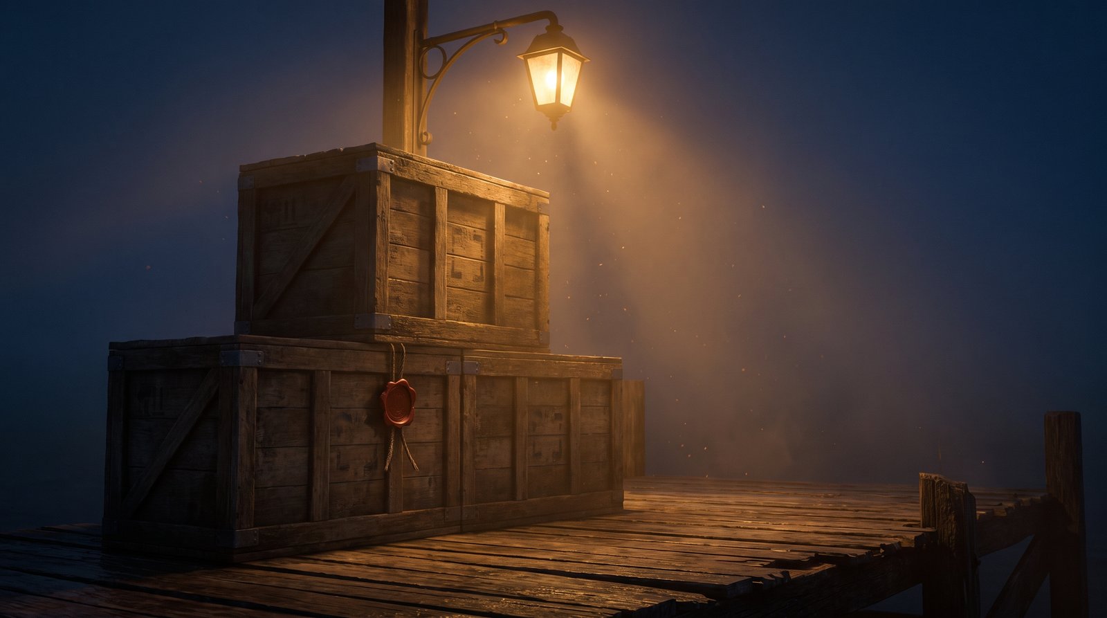 Wooden loading dock with three stacked wooden shipping crates, one with a broken red wax seal
