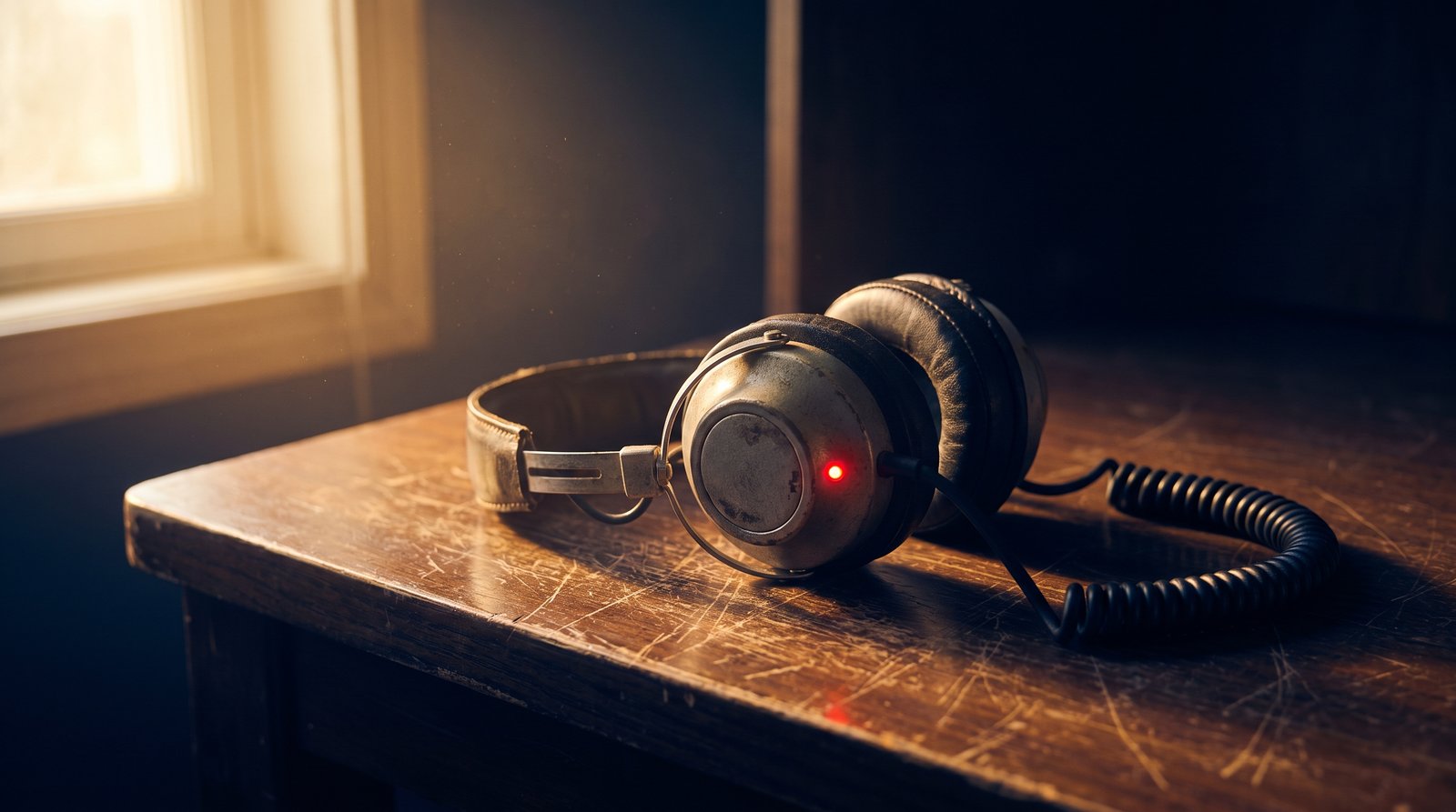 Vintage operator headset with coiled mic cord on a worn wooden desk, a single red LED indicator glowing on the earcup