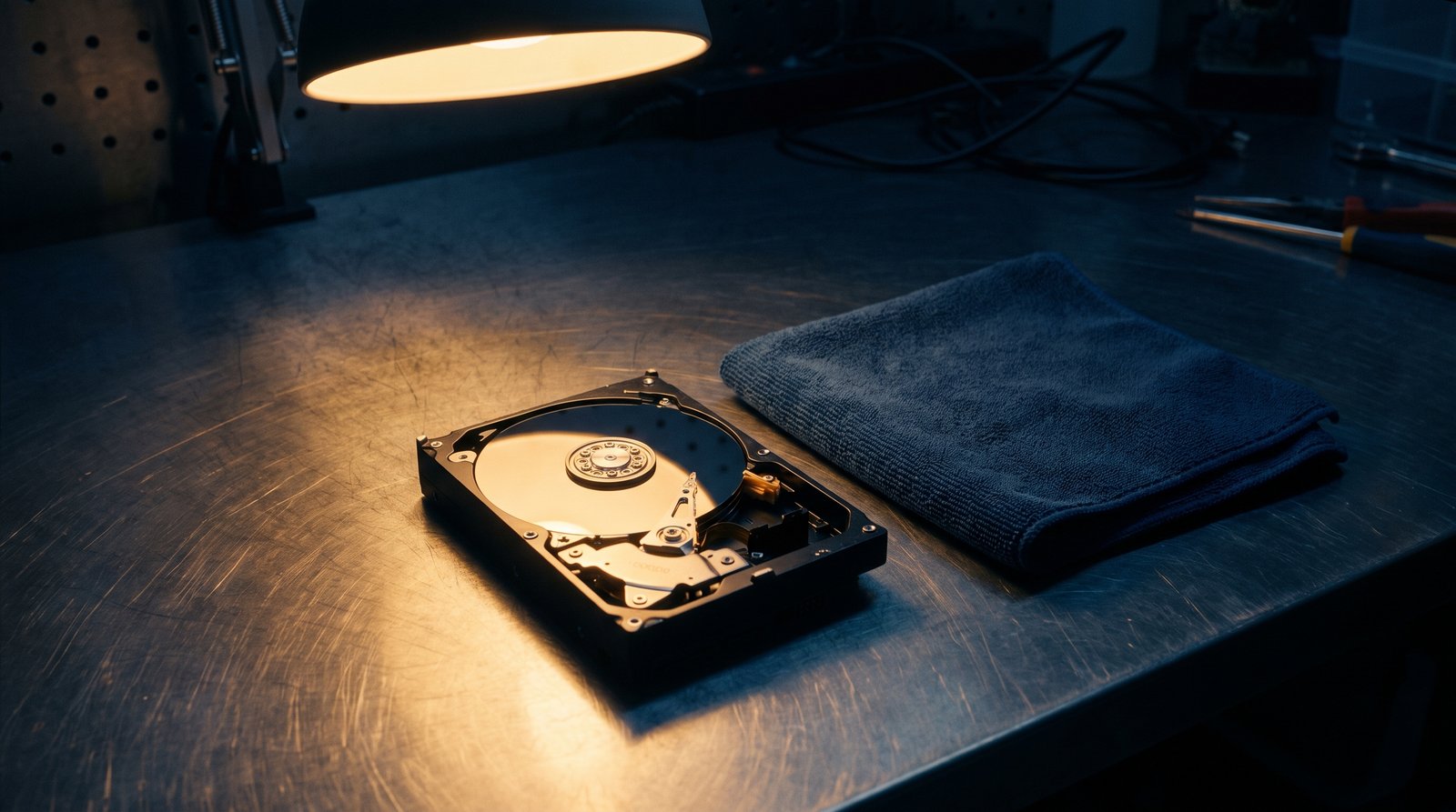 Opened hard drive caddy on a steel bench, the magnetic platter wiped clean, an industrial cleaning cloth folded beside it