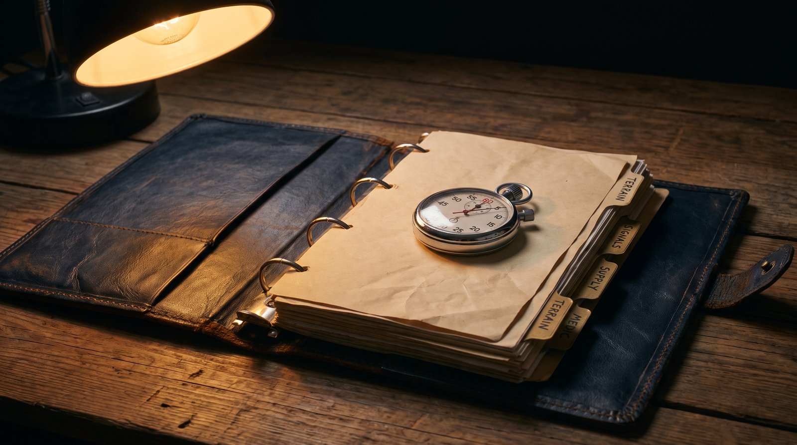 Worn field-manual leather binder open on a wooden desk with vintage brass-tabbed dividers and a chrome stopwatch on top