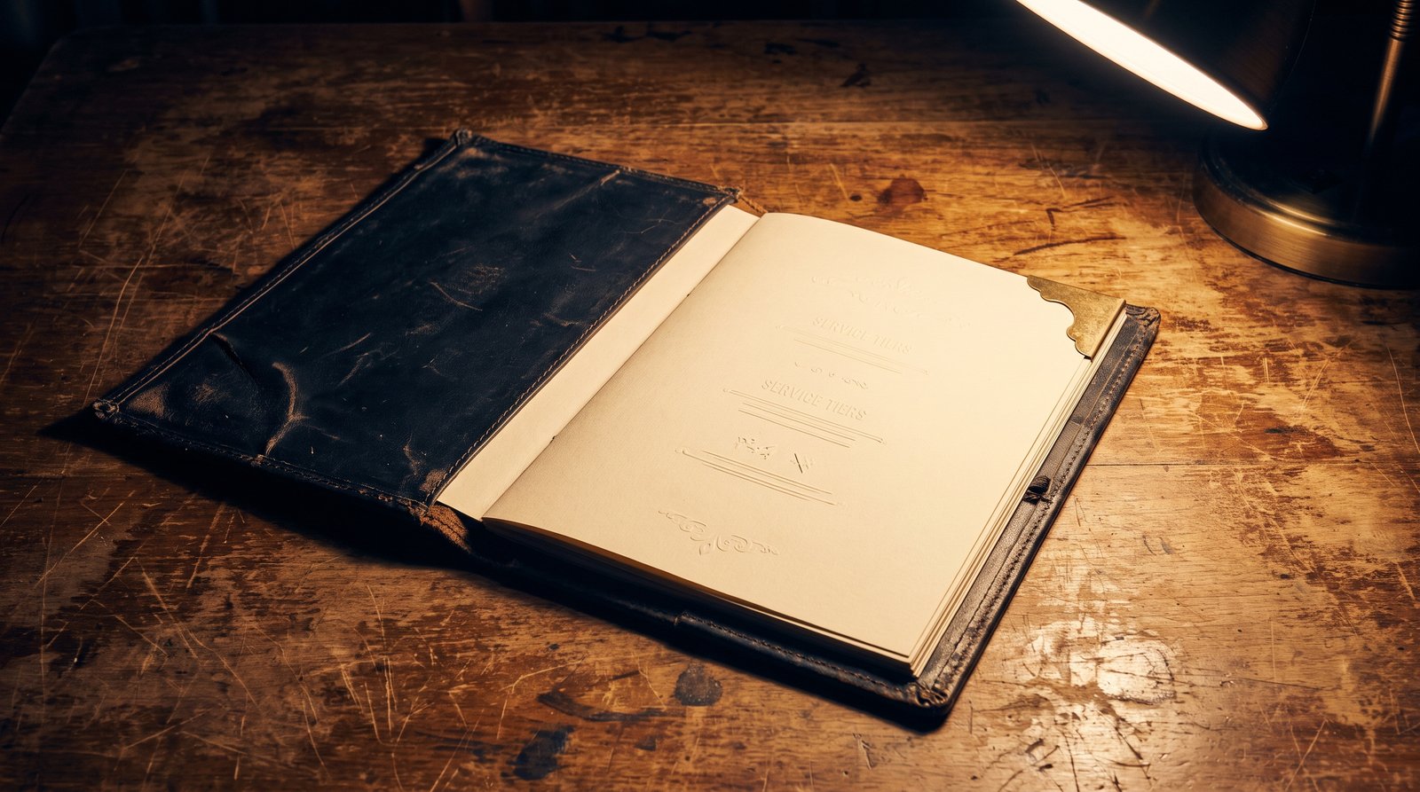Embossed dark leather binder menu on a worn wooden desk, opened to reveal cream-colored service tier pages