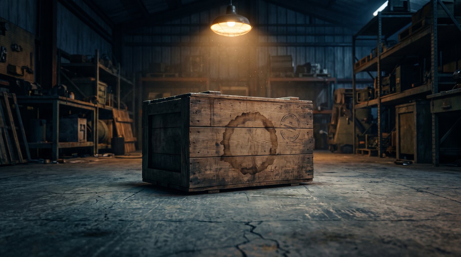 Weathered wooden shipping crate on a concrete warehouse floor, one plank with a dark discoloured water-stain ring