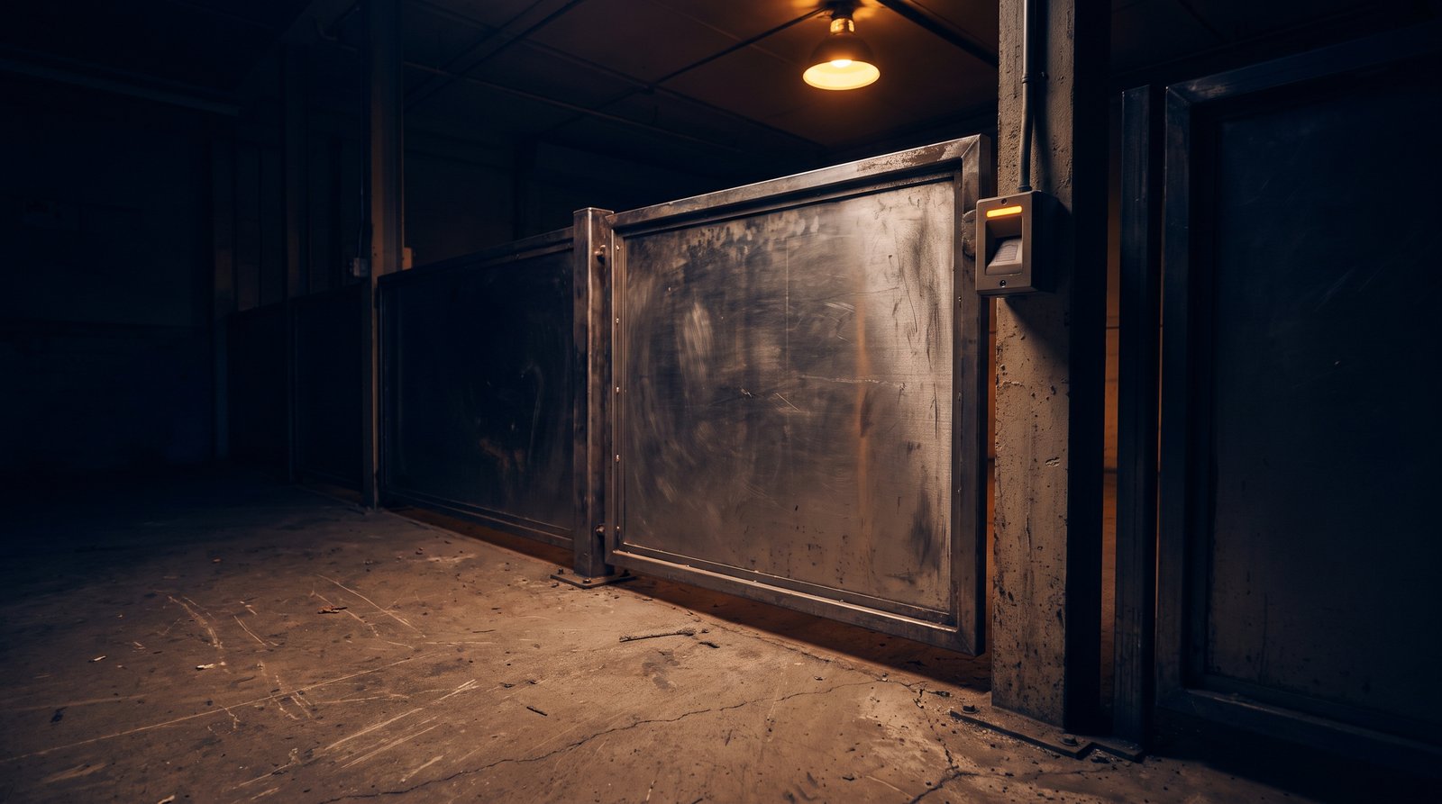 A single heavy steel gate with a small ID scanner on a worn concrete floor, warm overhead light