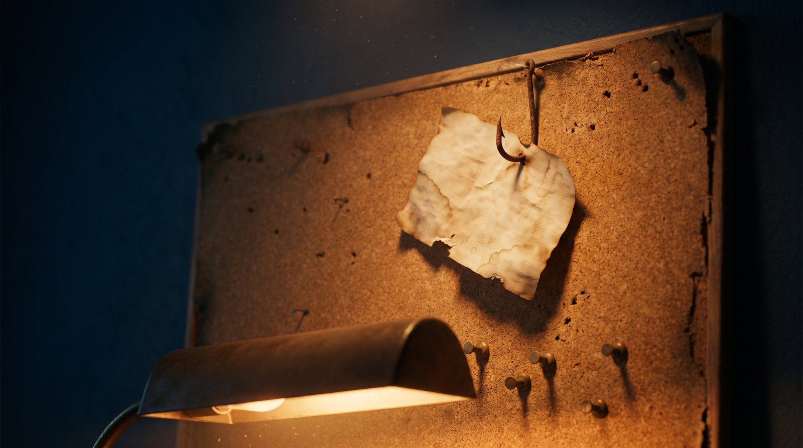 Stack of envelopes fanned out on a steel office desk, half opened, the topmost letter folded into a recognizable fake login page, a single red phishing report button on the desk lamp