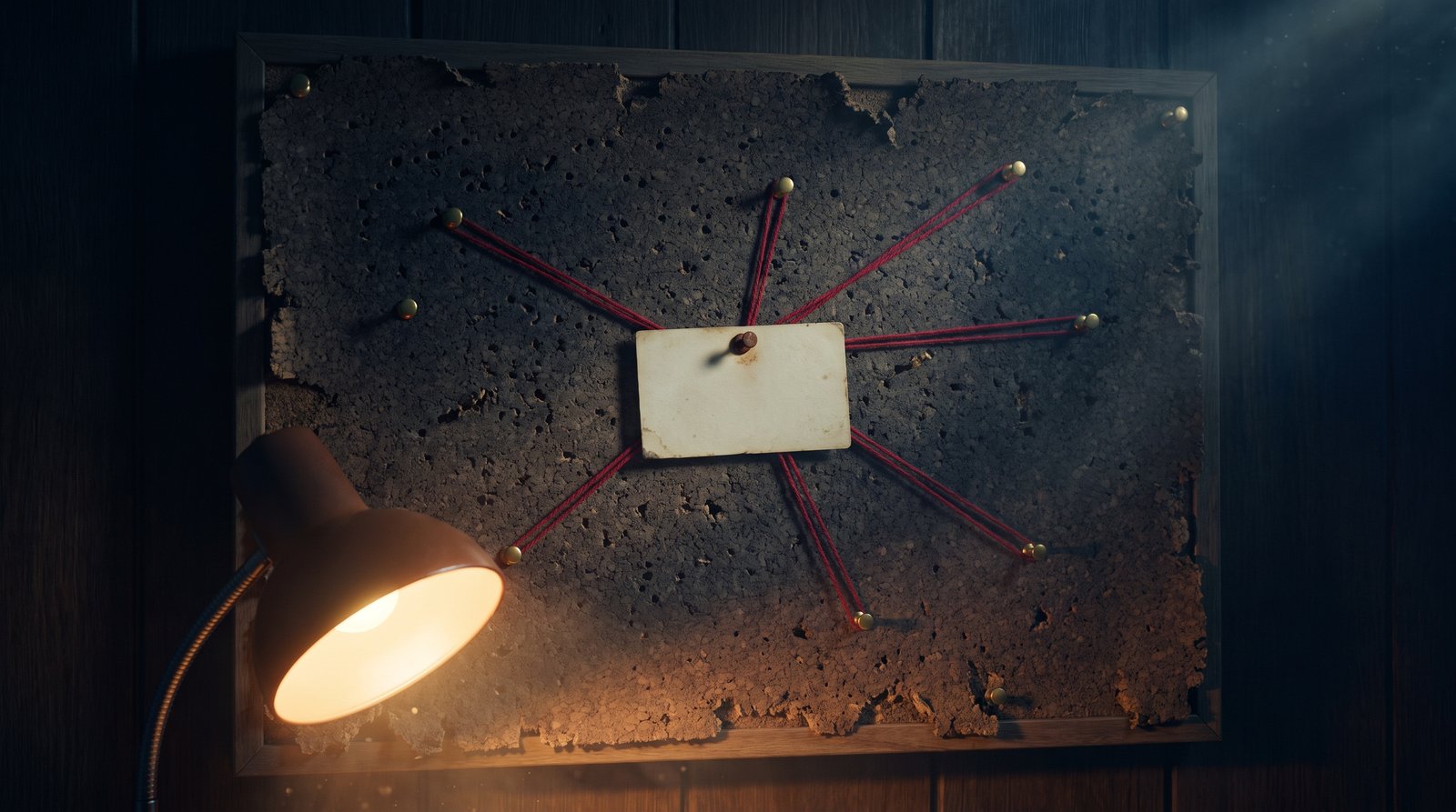A corkboard with a single vendor business card pinned at center, red thread radiating to other pins