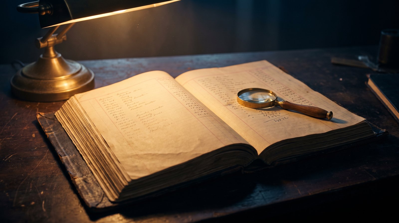 An open ledger book on a desk with monospace log entries in pencil, warm reading lamp