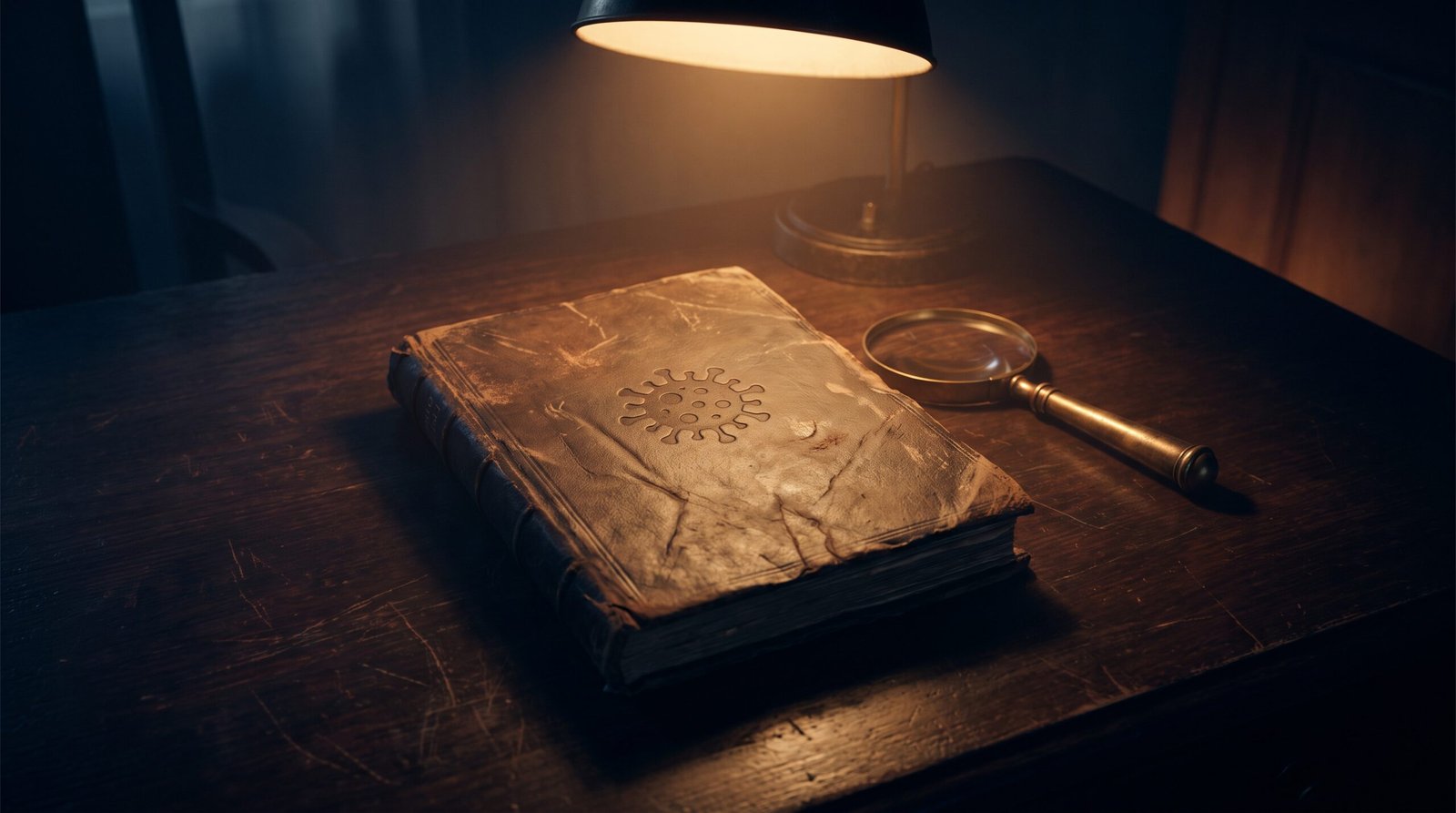 Worn leather-bound annual report book on a dark wooden desk, embossed cover with a single virus-shaped icon, brass-handled magnifying glass beside it