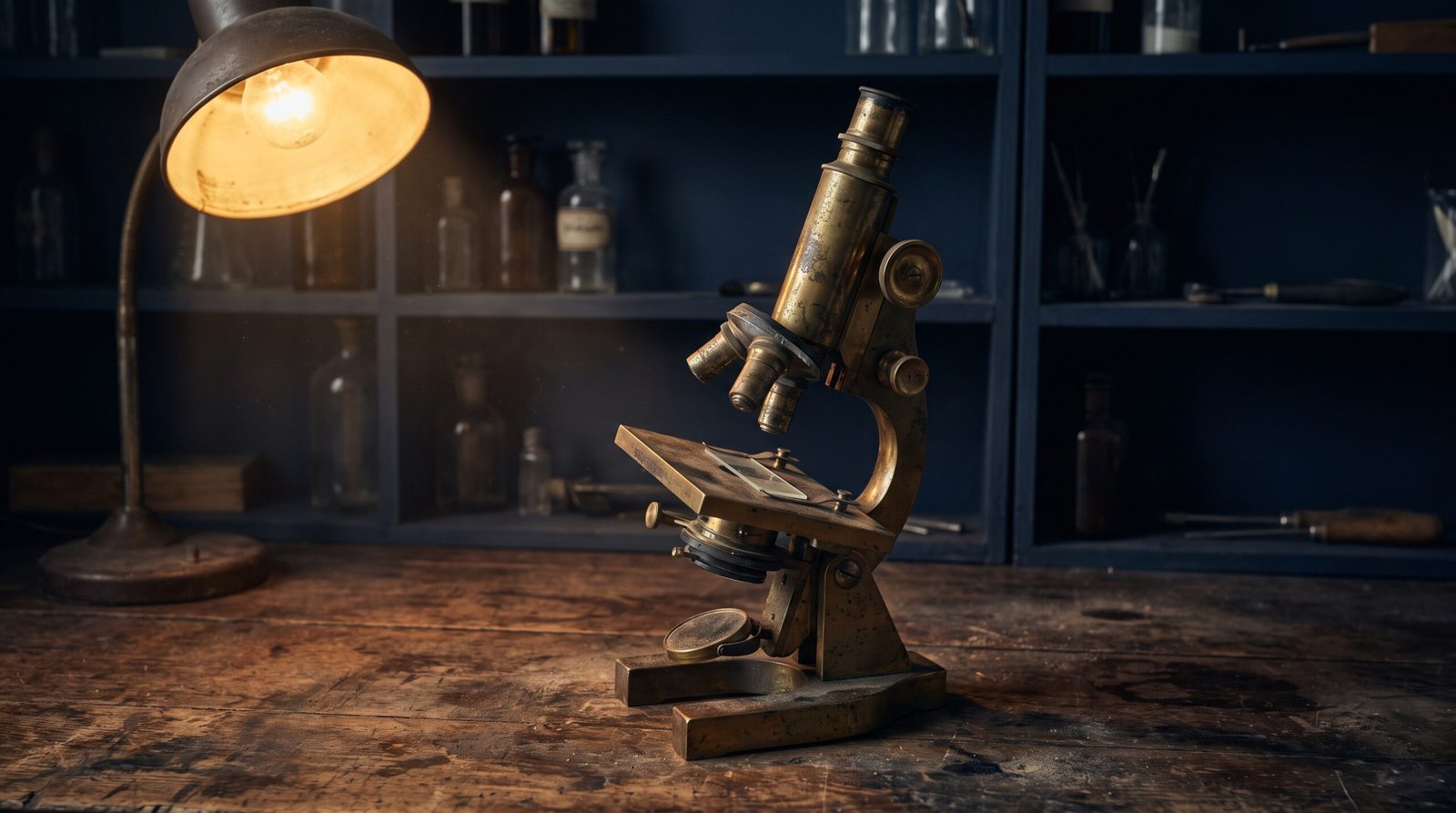 Vintage brass microscope on a worn wooden laboratory stage, eyepiece removed, empty glass slide on the stage