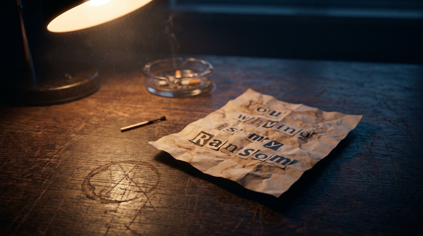 Crumpled ransom demand letter on a worn oak desk beside a single spent match and a half-full ashtray