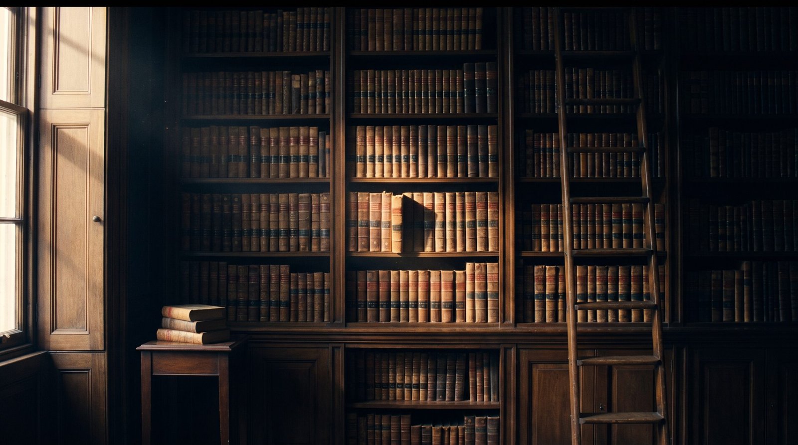 A tall dark wood bookcase in a private library, packed with rows of leather-bound law books receding into shadow, a single book pulled out in the middle row catching a shaft of warm light, a rolling library ladder on the right.