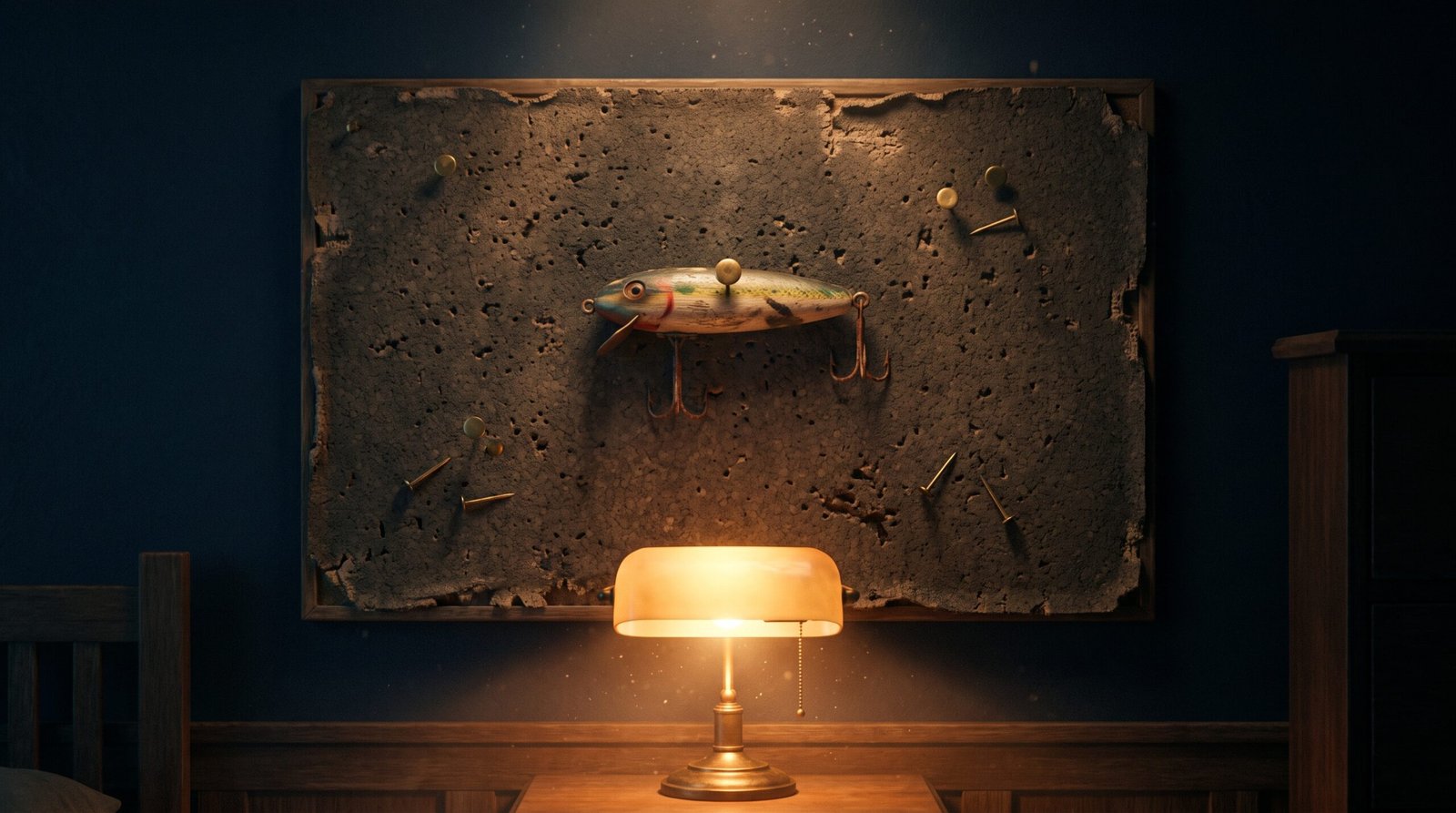 A worn corkboard with a vintage wooden fishing lure pinned at center, single warm desk lamp