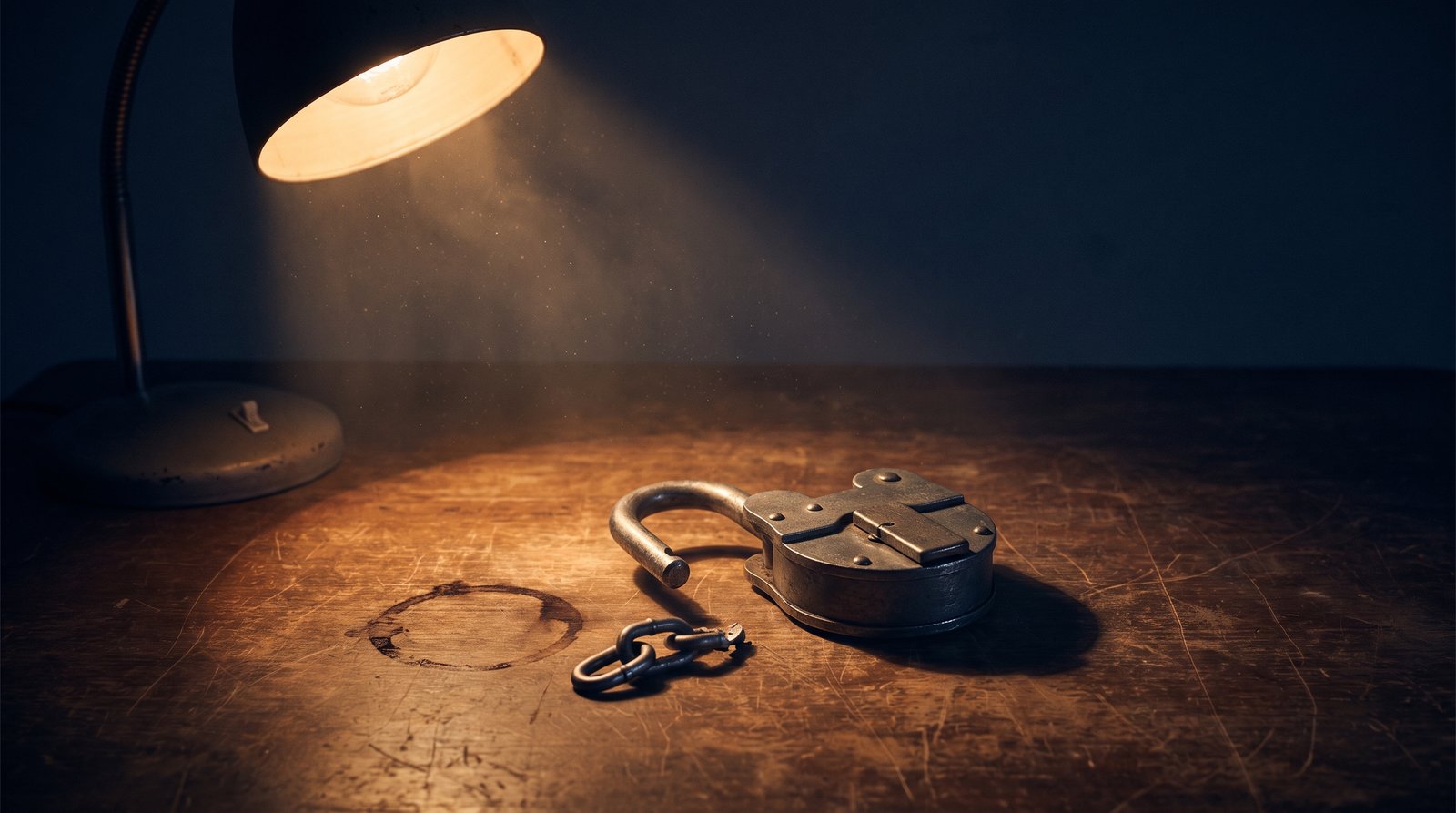 A heavy steel padlock lying open on a worn wooden desk, broken chain, warm tungsten desk lamp