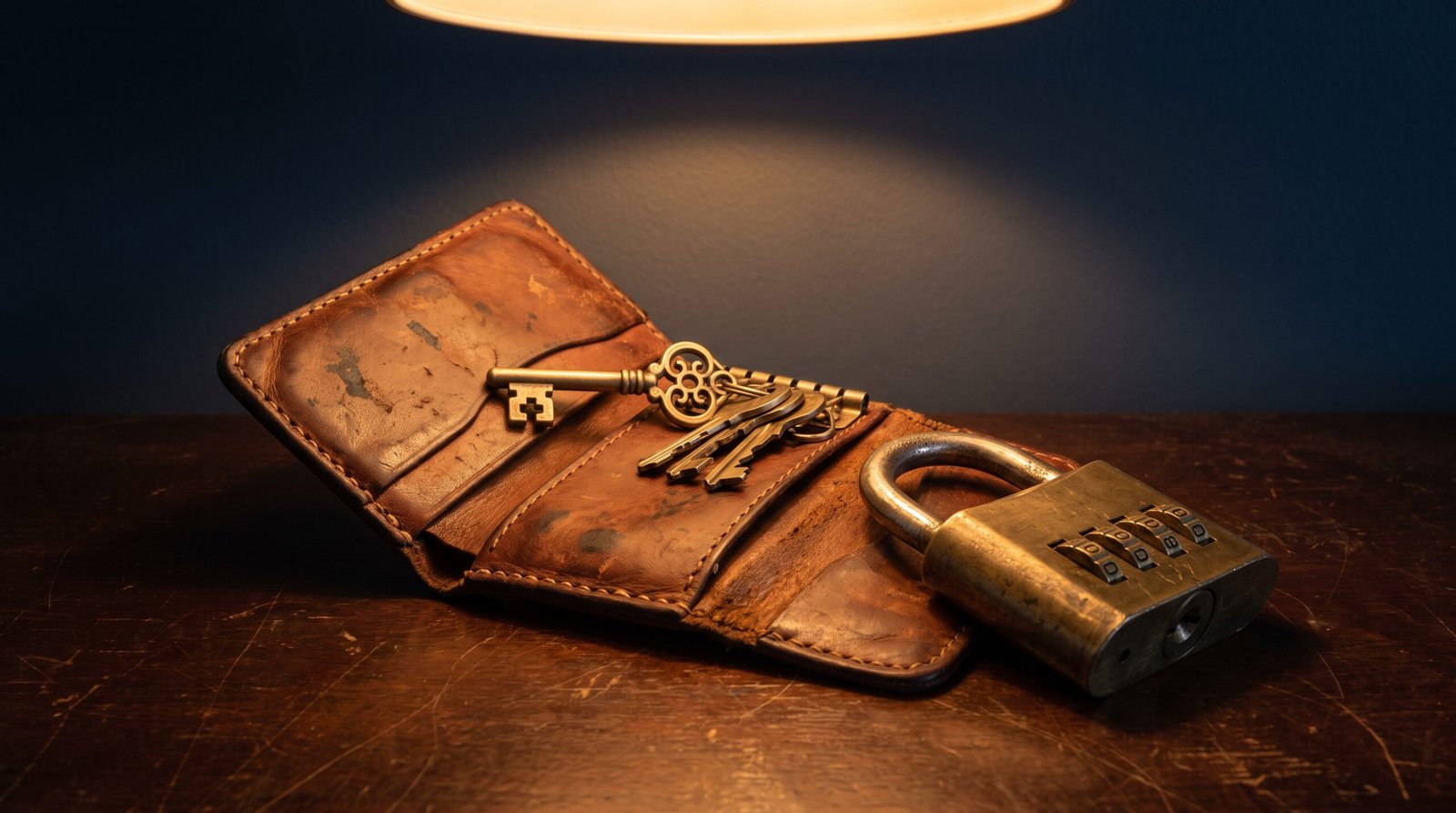 An open weathered leather key wallet on a dark wood desk, several worn brass keys spilling out with one master key lifted, beside it a heavy brass combination padlock lying on its side, all lit by a single warm tungsten lamp
